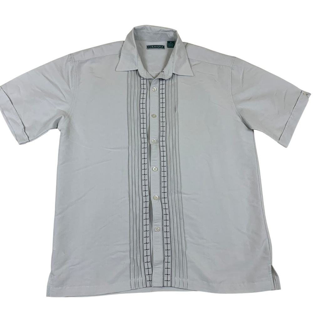 Cubavera Mens‎ Grey Short Sleeve Guayabera Embroidered Pintuck Shirt Medium 1804